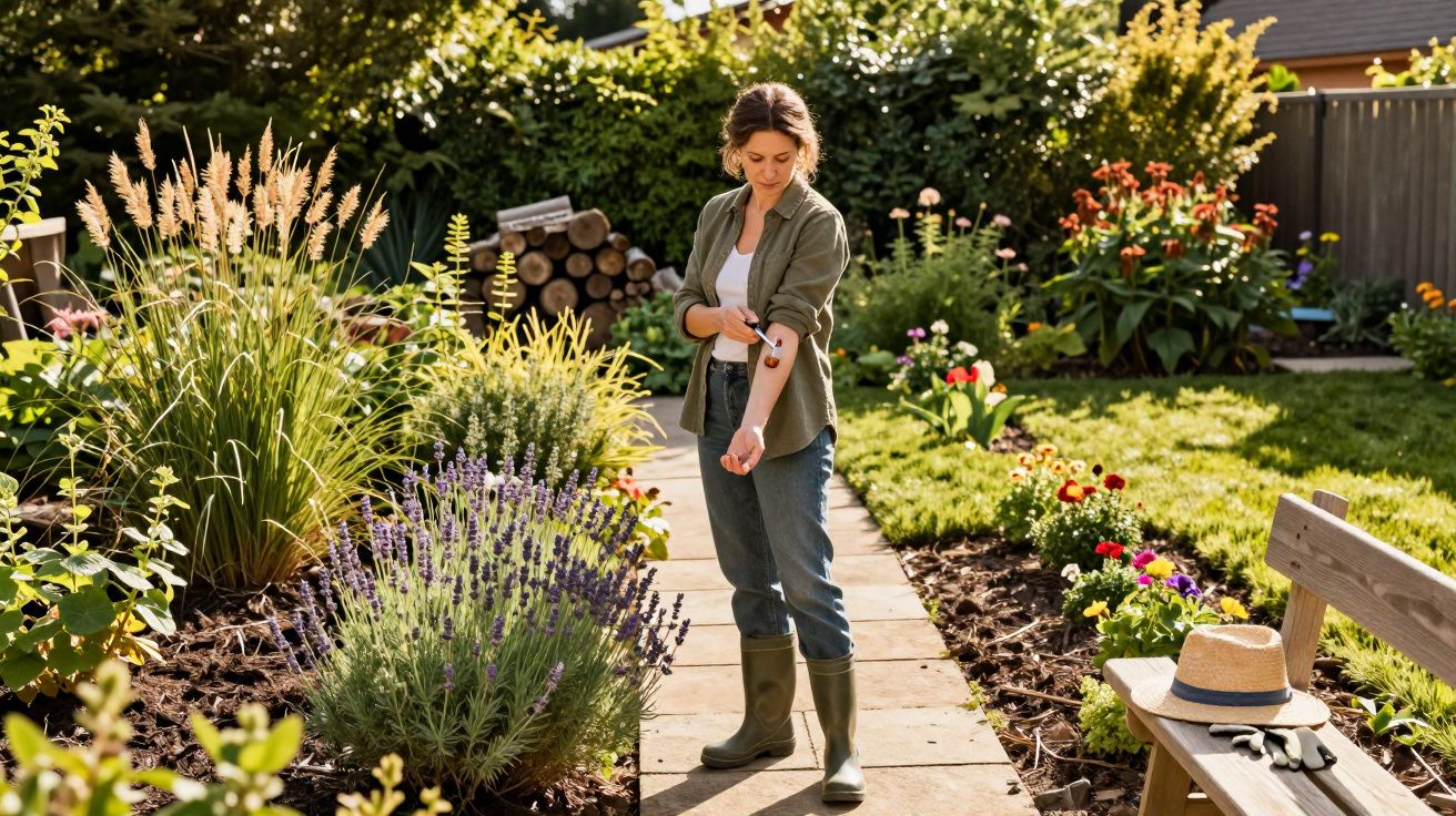 Woman in Wellington boots applying insect repellent on arm in a sunny garden path surrounded by plants and flowers.