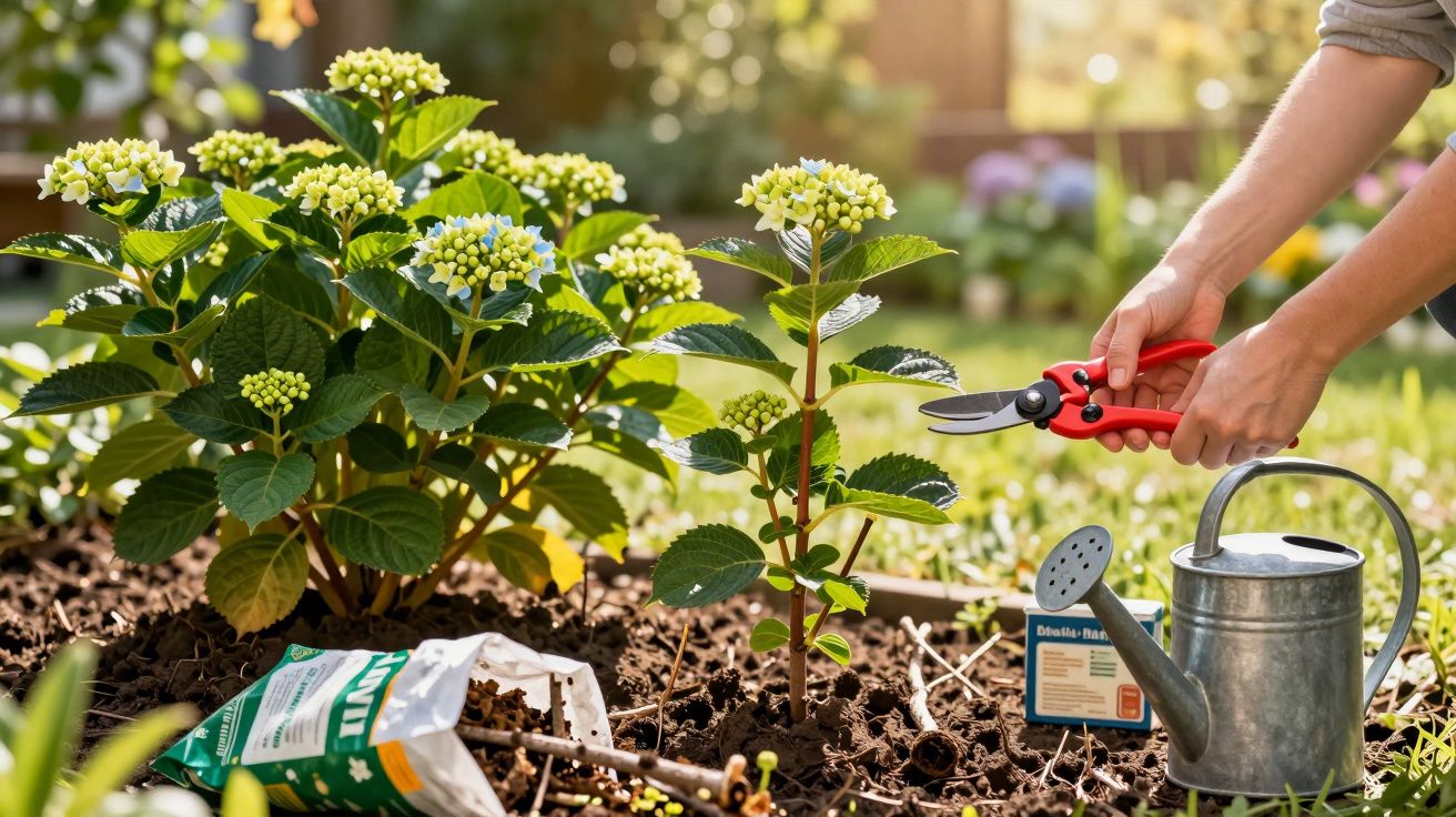 Person pruning young hydrangea plants in a garden bed with watering can and fertiliser nearby.