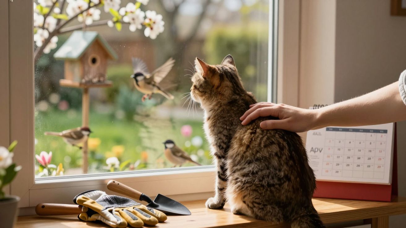 Person’s hand petting a tabby cat sitting on a windowsill watching birds outside in spring.