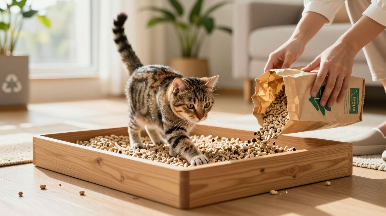Tabby cat walking on a wooden tray filled with natural cat litter pellets in a bright living room.