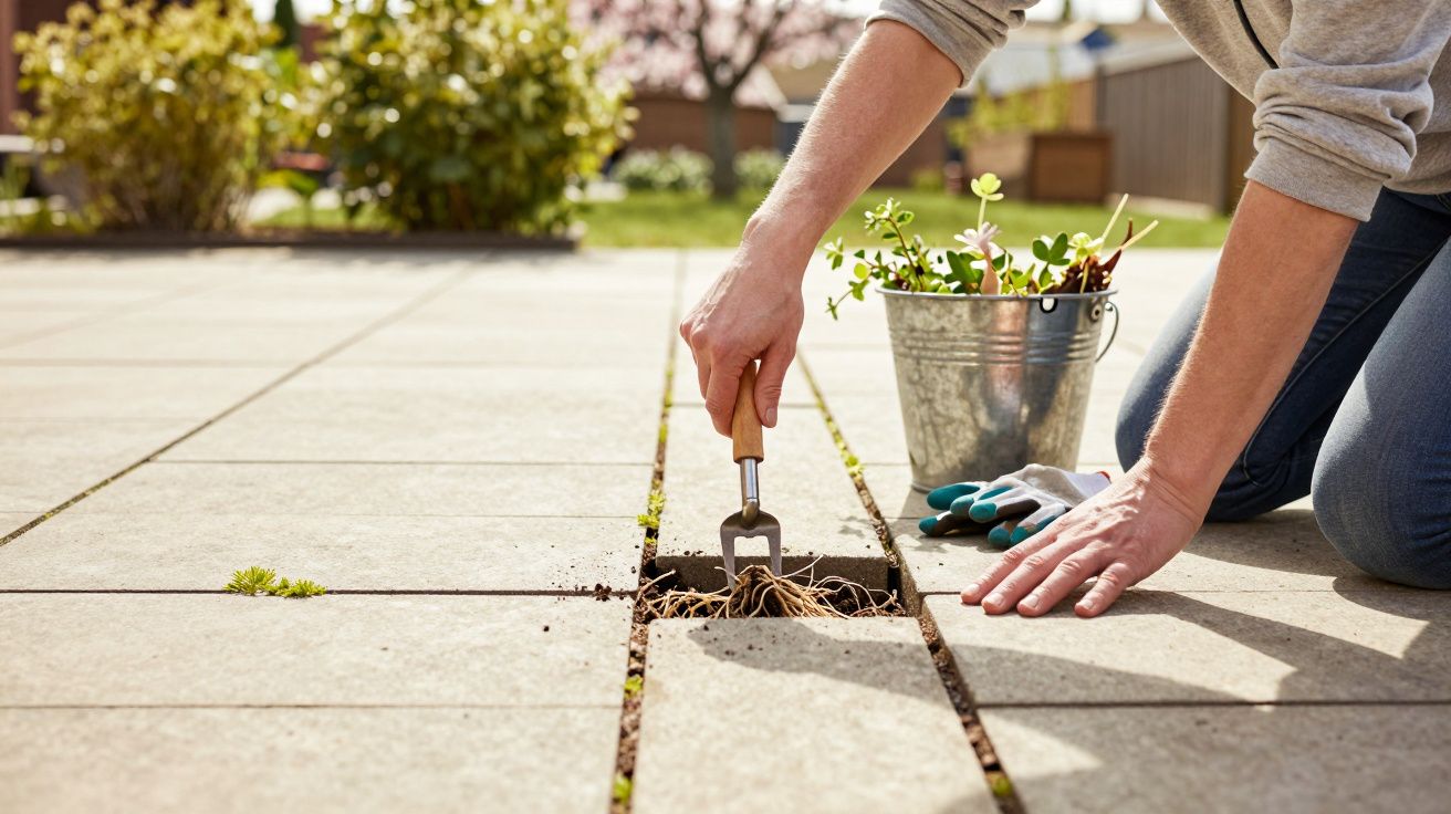 Person using a hand fork to remove weeds growing between patio slabs on a sunny day.