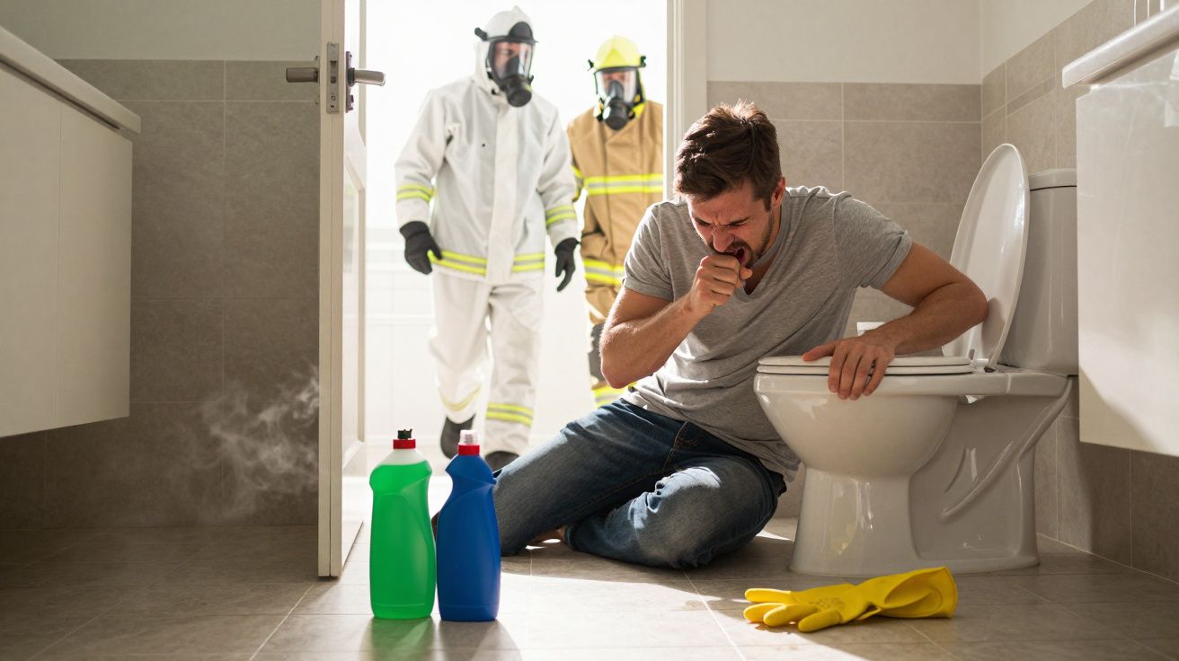 Man coughing beside a toilet with cleaning bottles and gloves as two hazmat-suited workers enter the bathroom.