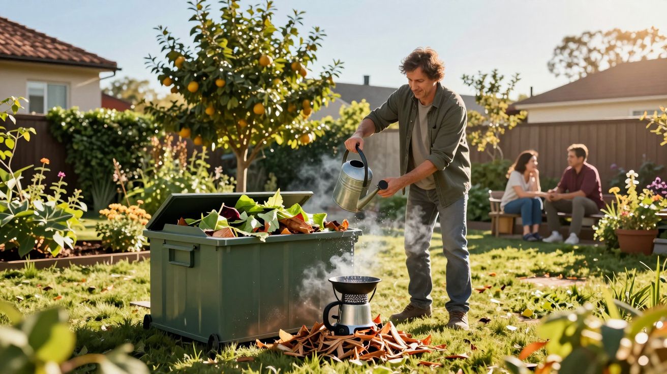 Man watering compost bin in garden while couple chat on bench in sunny backyard