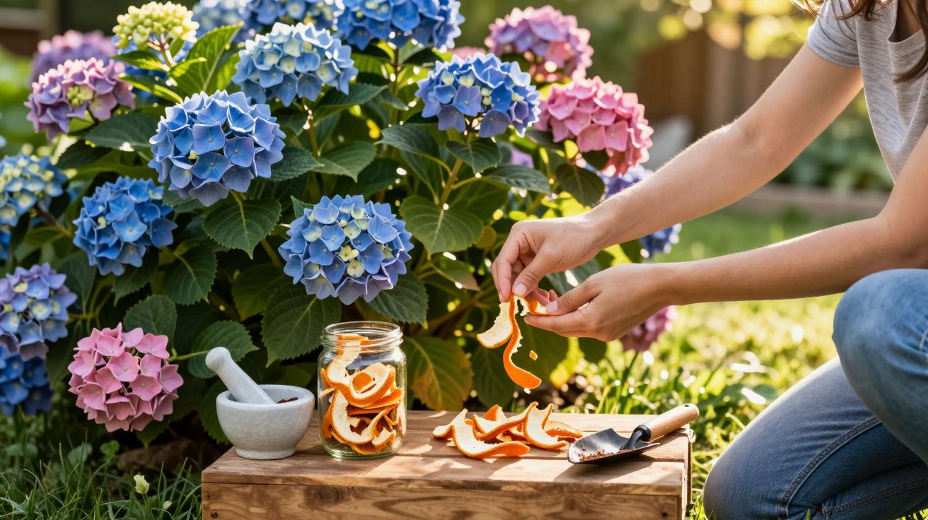 Person peeling orange near pink and blue hydrangea flowers in sunny garden setting