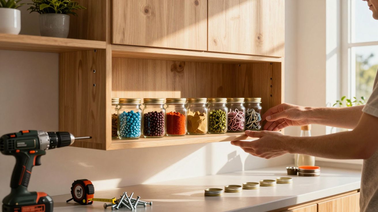 Person organising colourful jars of stationery in a wooden kitchen cabinet with tools on the countertop.