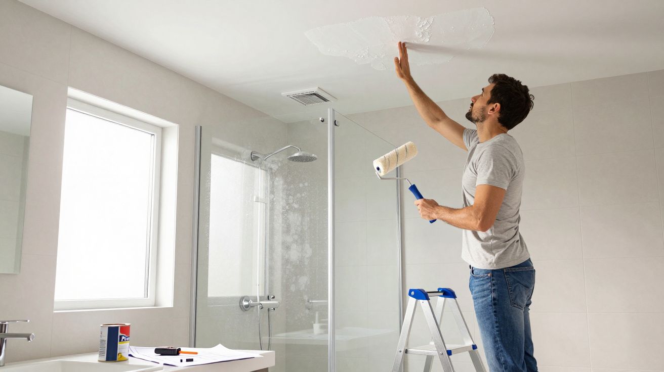 Man painting or plastering a bathroom ceiling using a roller and his hand, standing on a step ladder.