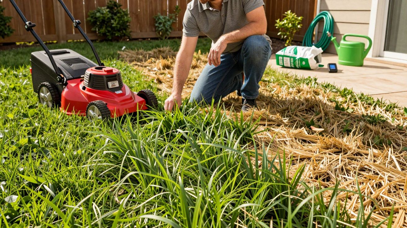 Man kneeling in garden preparing to mow grass with red lawnmower beside him and gardening tools in background.
