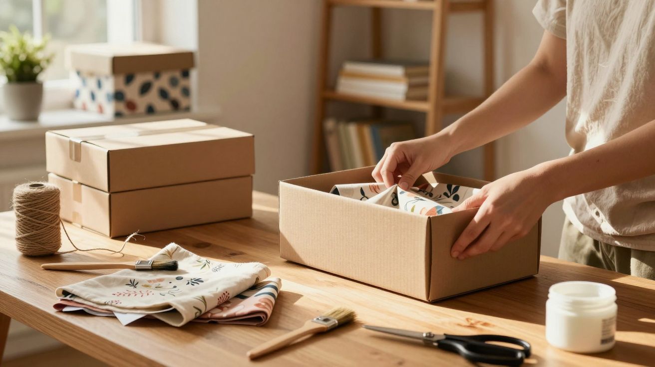 Person packing a decorative fabric item into a cardboard box on a wooden table with packing supplies.
