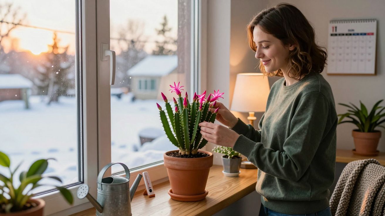 Woman tending to a blooming cactus on a windowsill with a snowy landscape outside at sunset.