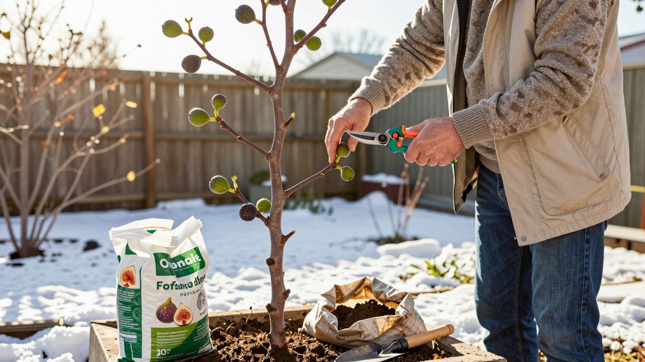 Person pruning a young fig tree in a snowy garden using pruning shears next to a bag of fertiliser and soil.