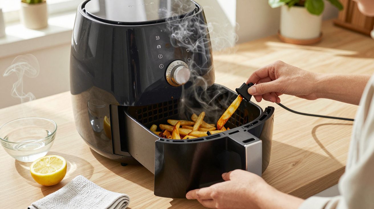 Hands using an air fryer to cook steaming hot French fries on a wooden kitchen table with lemon and glass bowl nearby.