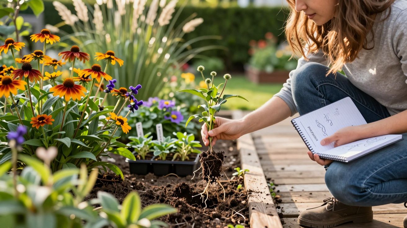 Person kneeling in a garden bed, holding a seedling with roots and a notebook, preparing to plant flowers.