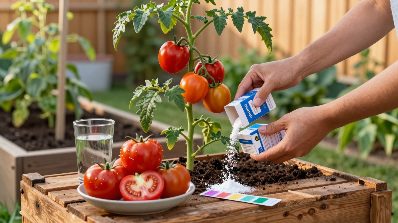 Hands sprinkling fertiliser on a tomato plant in a raised garden bed with ripe tomatoes on a plate nearby.