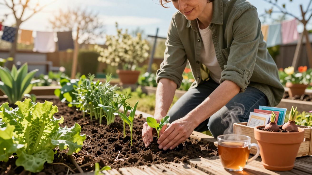 Person planting seedlings in a garden with fresh plants, gardening supplies, and a steaming cup of tea nearby.