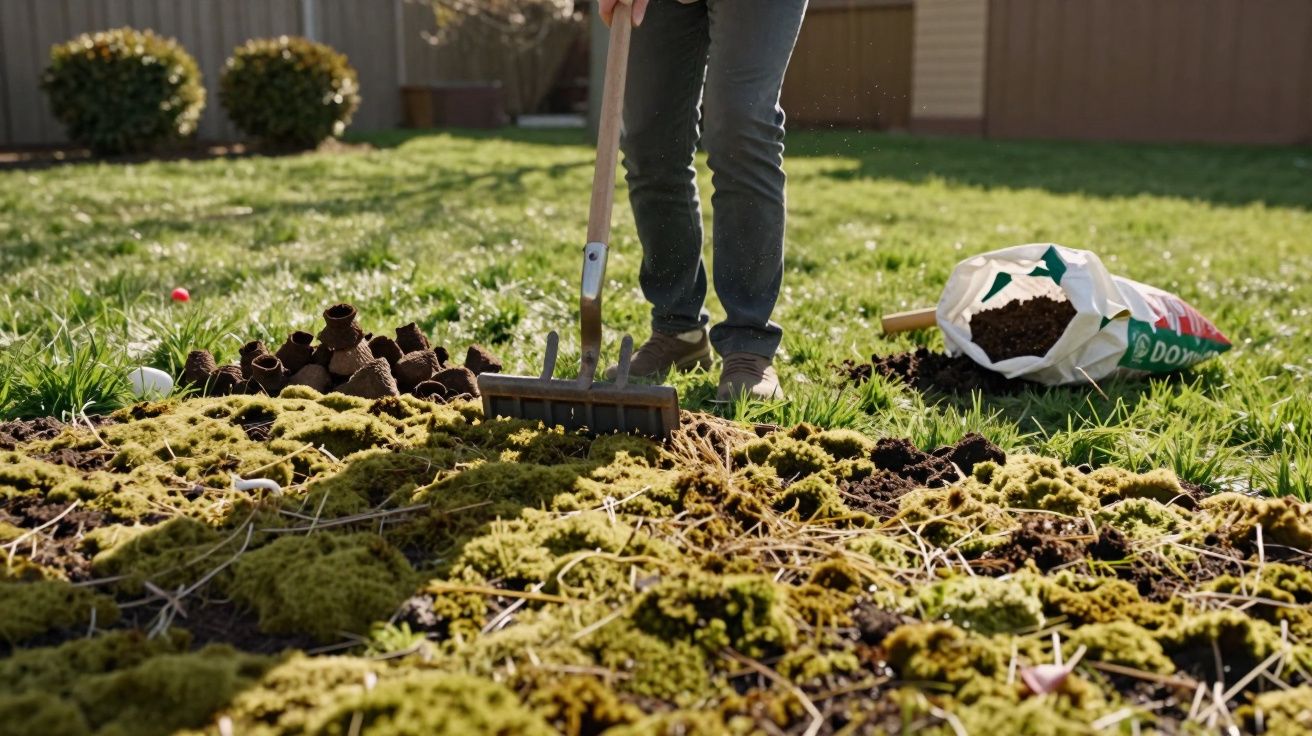 Person using a rake to prepare a mossy garden bed with peat pots and a bag of compost nearby in a sunny backyard.