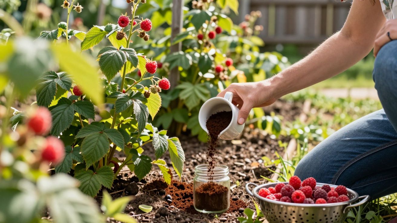 Person pouring used coffee grounds from a mug into a jar beside raspberry plants in a garden.