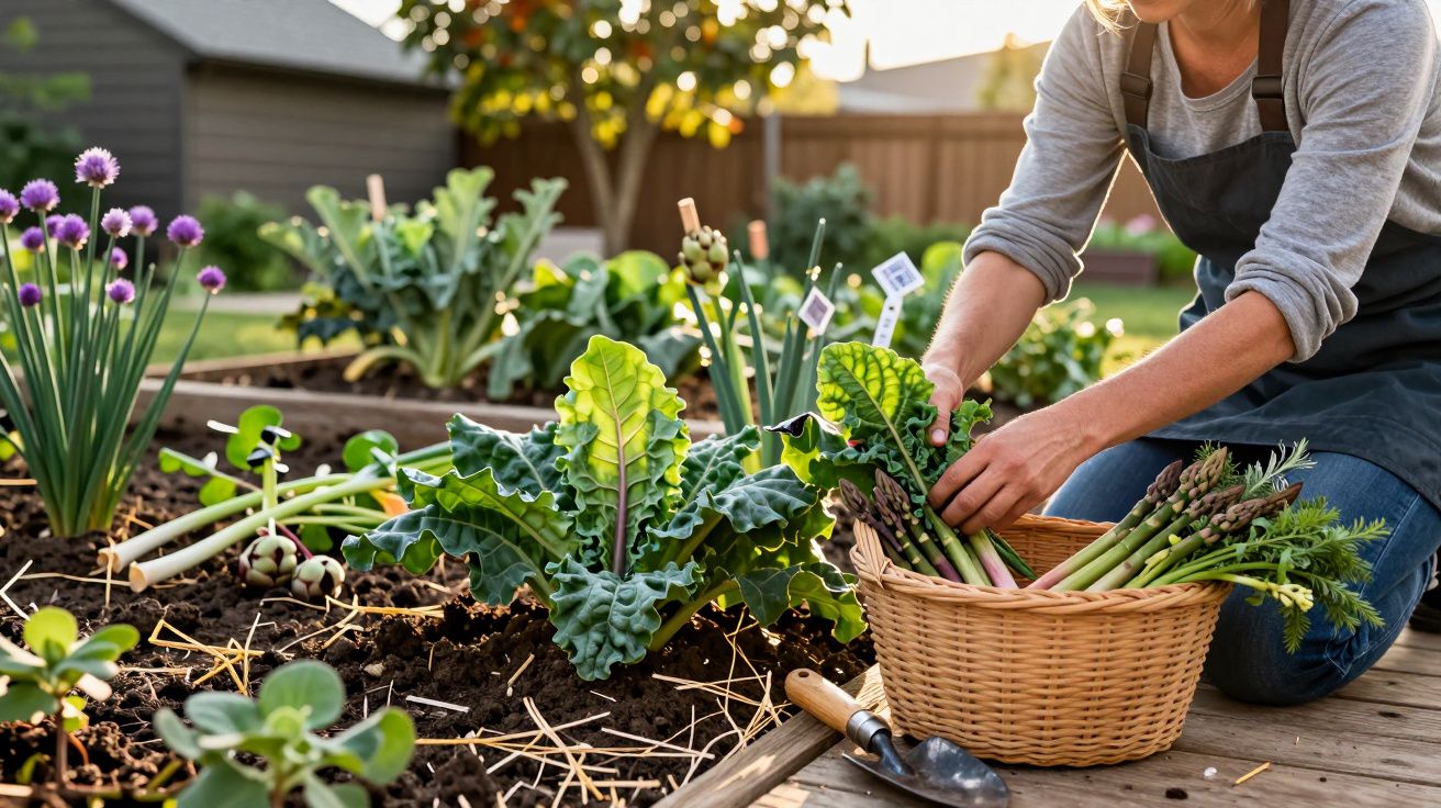 Person harvesting fresh asparagus into a basket in a home vegetable garden at sunset.