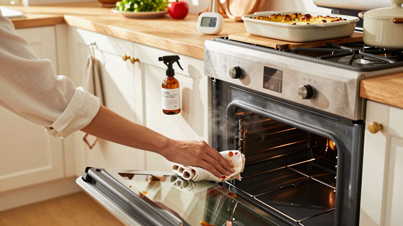 Person using a cloth to clean the glass door of a stainless steel oven in a bright kitchen.