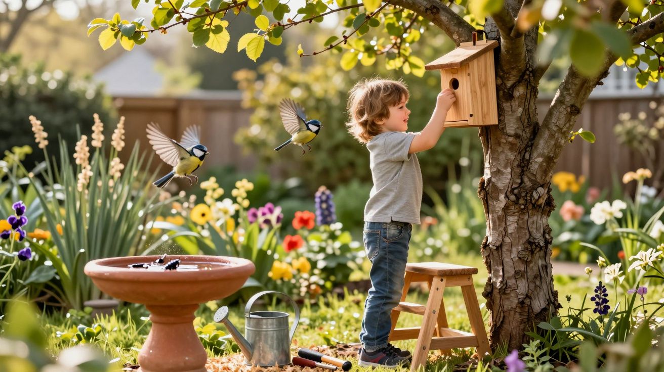 Young child on a step stool hanging a wooden birdhouse on a tree in a colourful garden with birds nearby.