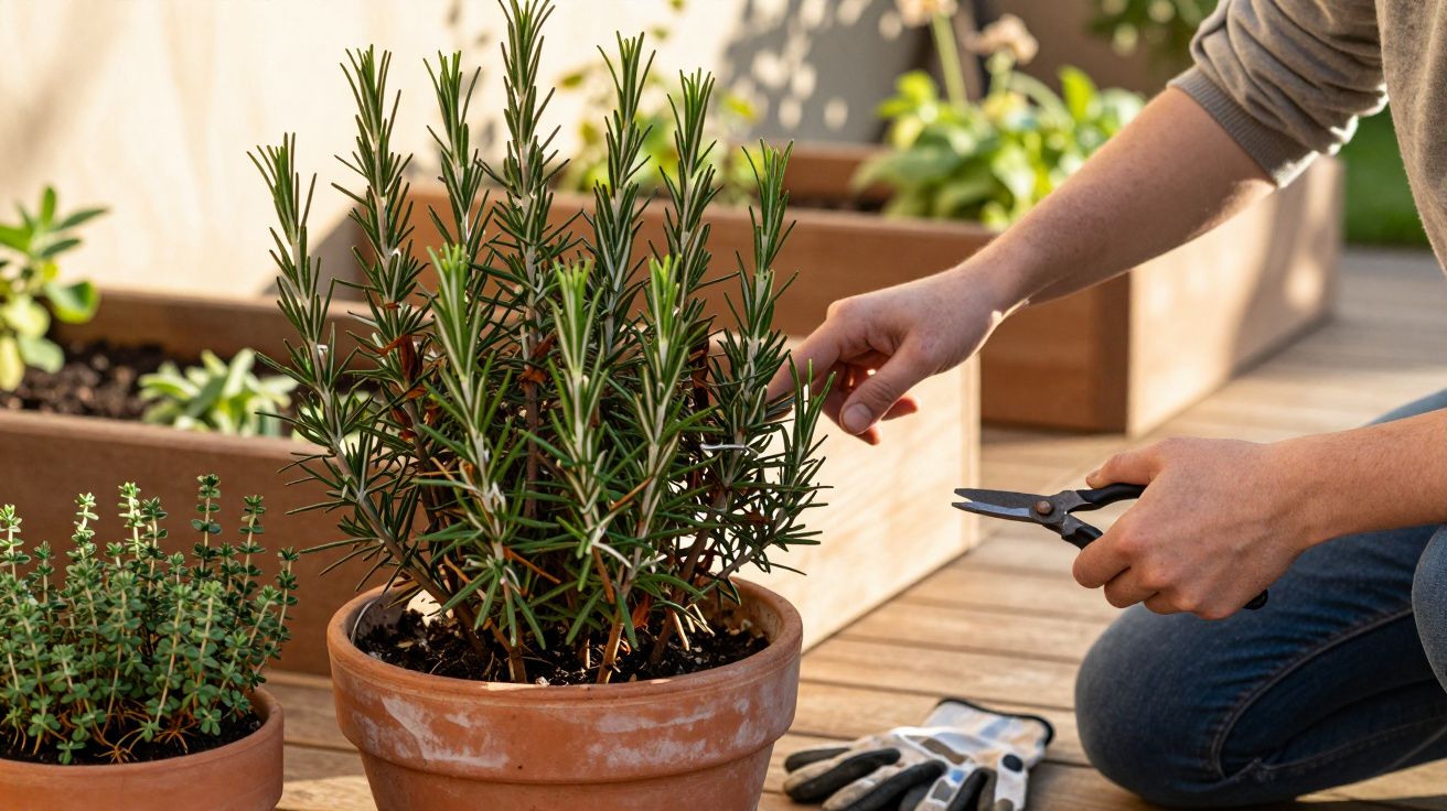 Person pruning a potted rosemary plant on a wooden deck with gardening gloves beside them.