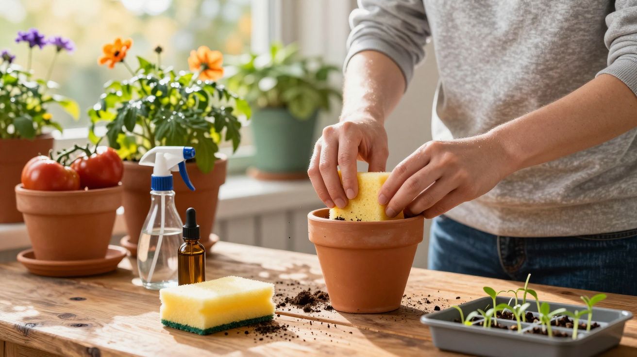 Person holding a yellow sponge inside a terracotta pot on a wooden table with plants and gardening supplies.