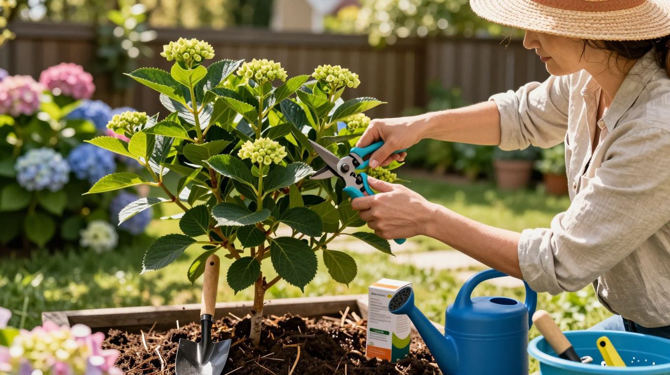 Person pruning green hydrangea plant in a garden bed with gardening tools and watering can nearby.