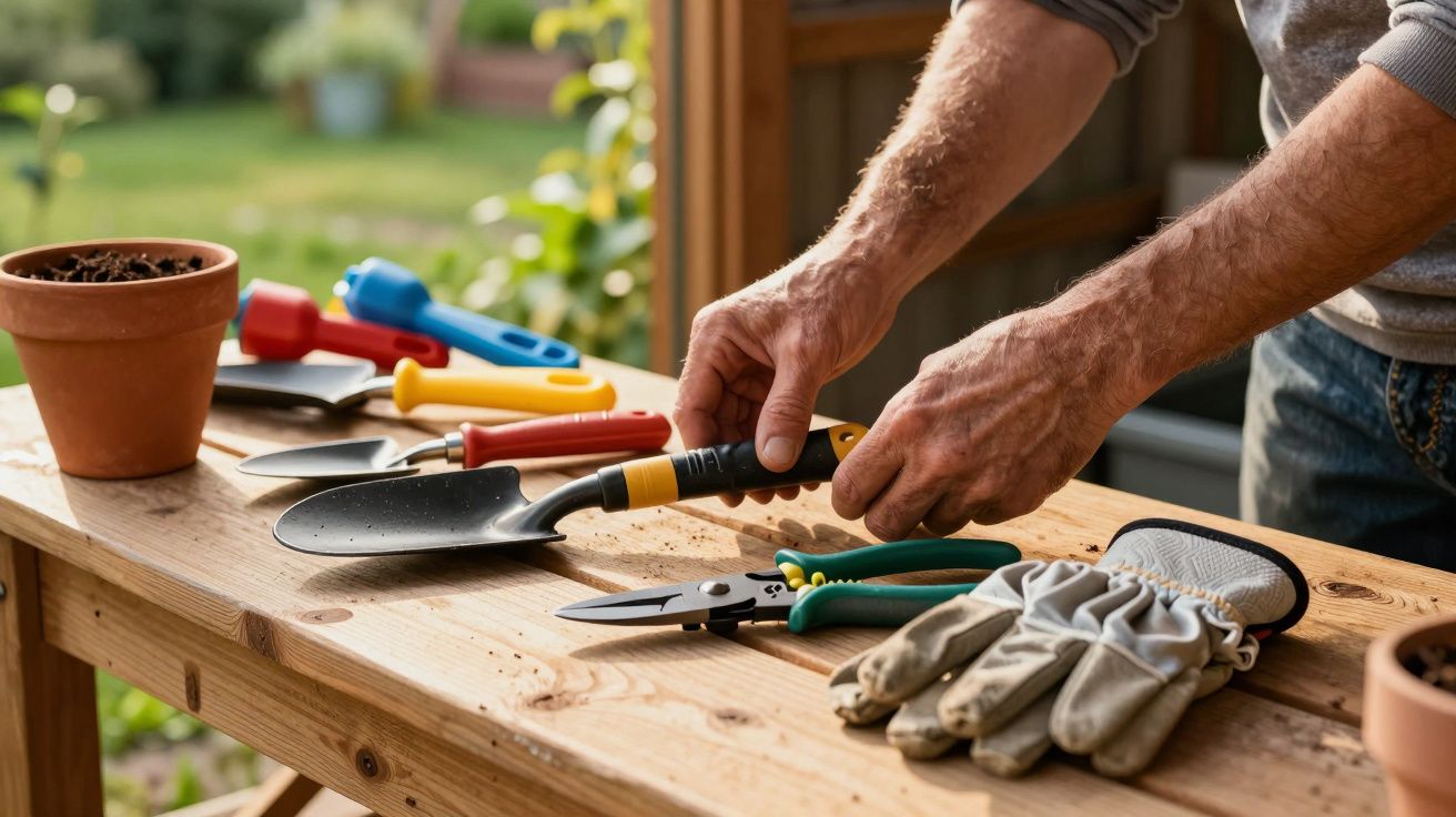 Hands holding a garden trowel above a wooden table with gardening tools and gloves beside flowerpots.