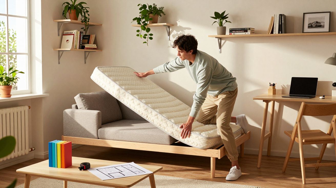 Person lifting mattress off a wooden sofa bed in a bright, plant-decorated living room with a study desk.