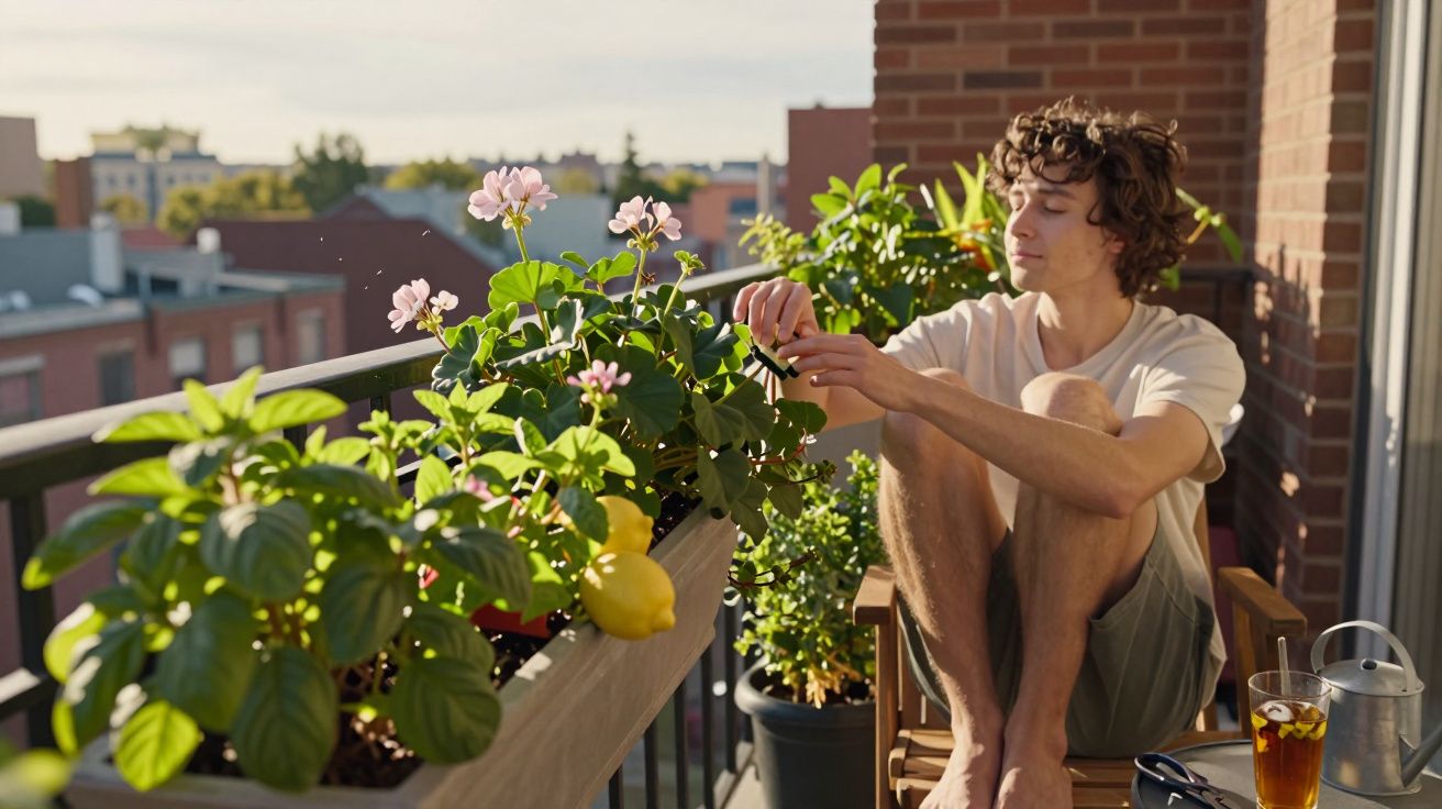 Young man tending to plants on a sunlit balcony with a glass of iced tea and watering can nearby