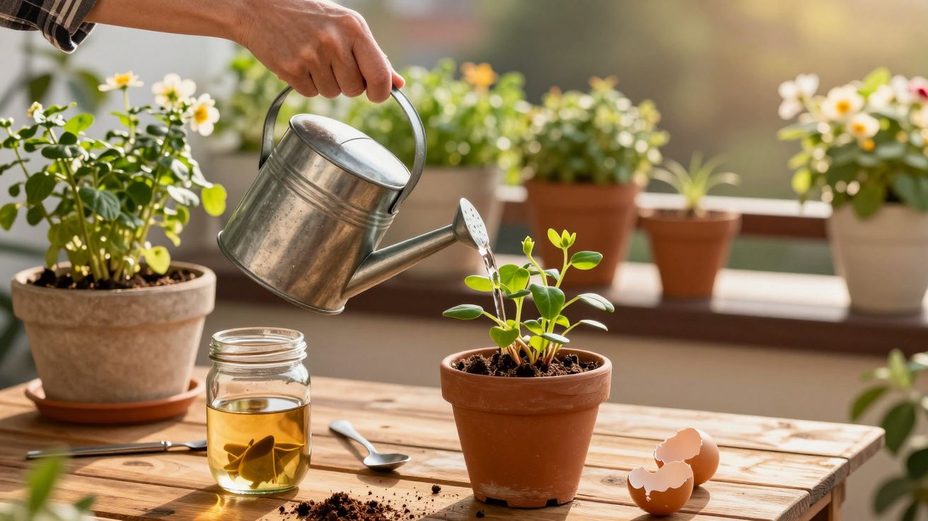 Hand watering a young green plant in a terracotta pot on a wooden table with other potted flowers nearby.
