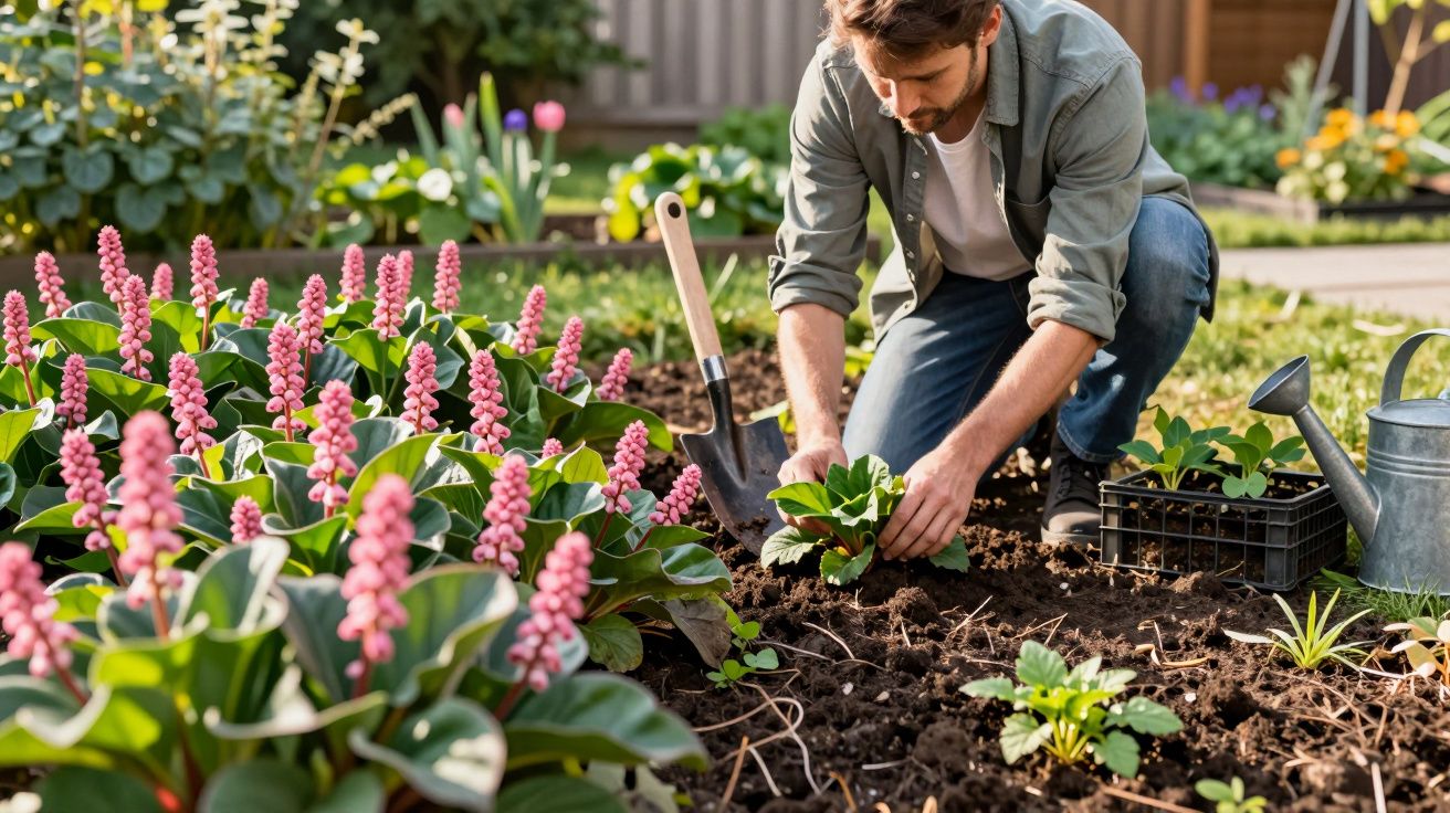 Man planting green seedlings in a garden bed beside vibrant pink flower spikes on a sunny day.