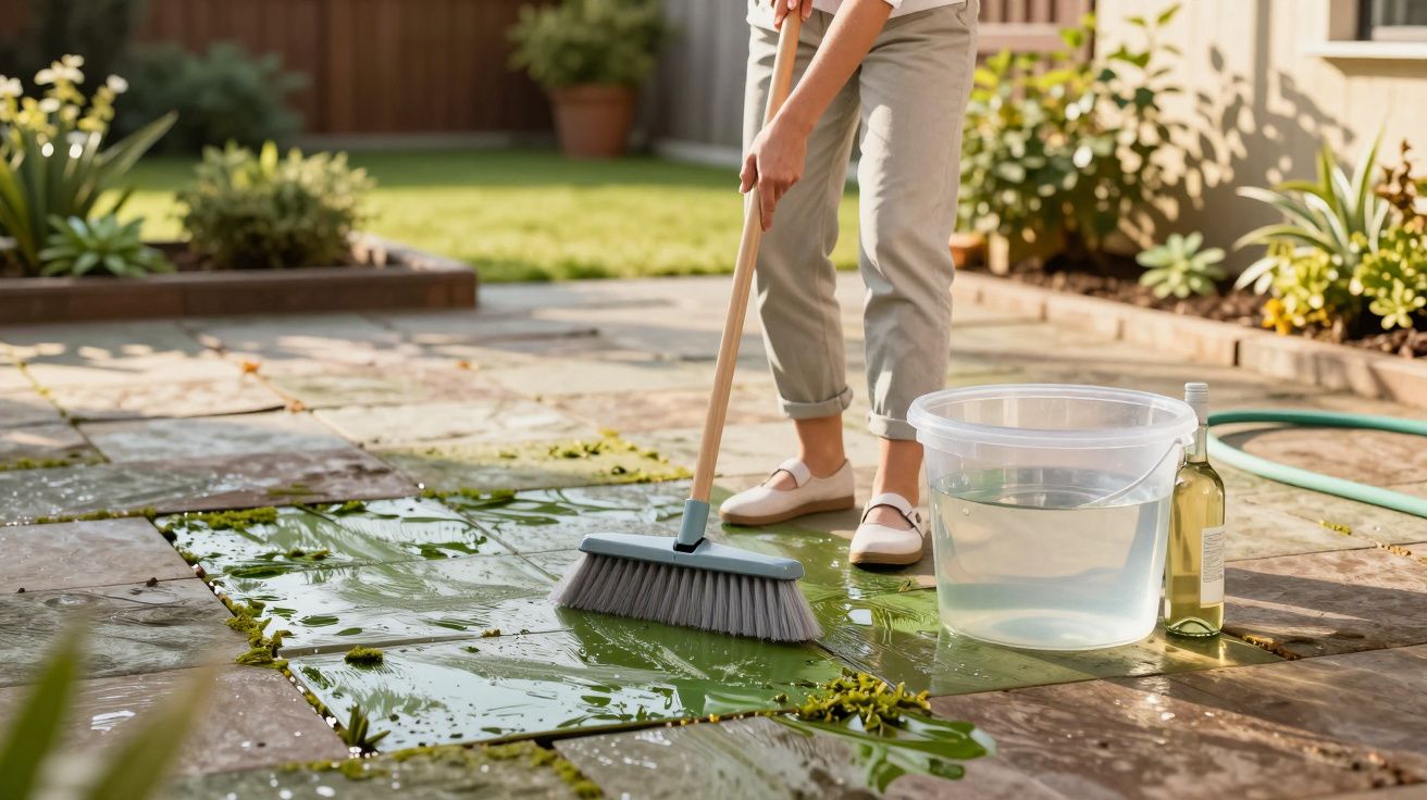 Person cleaning green algae from a stone patio with a broom, bucket of water, and cleaning liquid nearby.