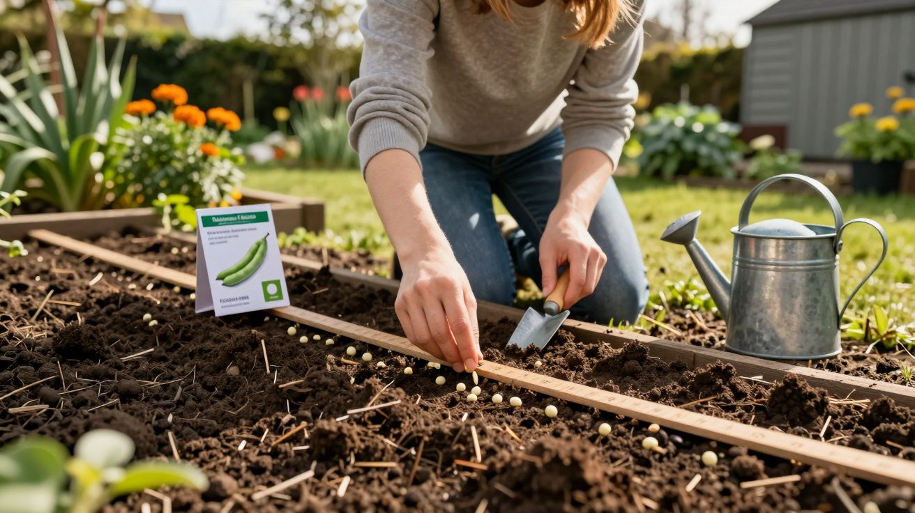 Person planting pea seeds in a garden bed with gardening tools and a watering can nearby.