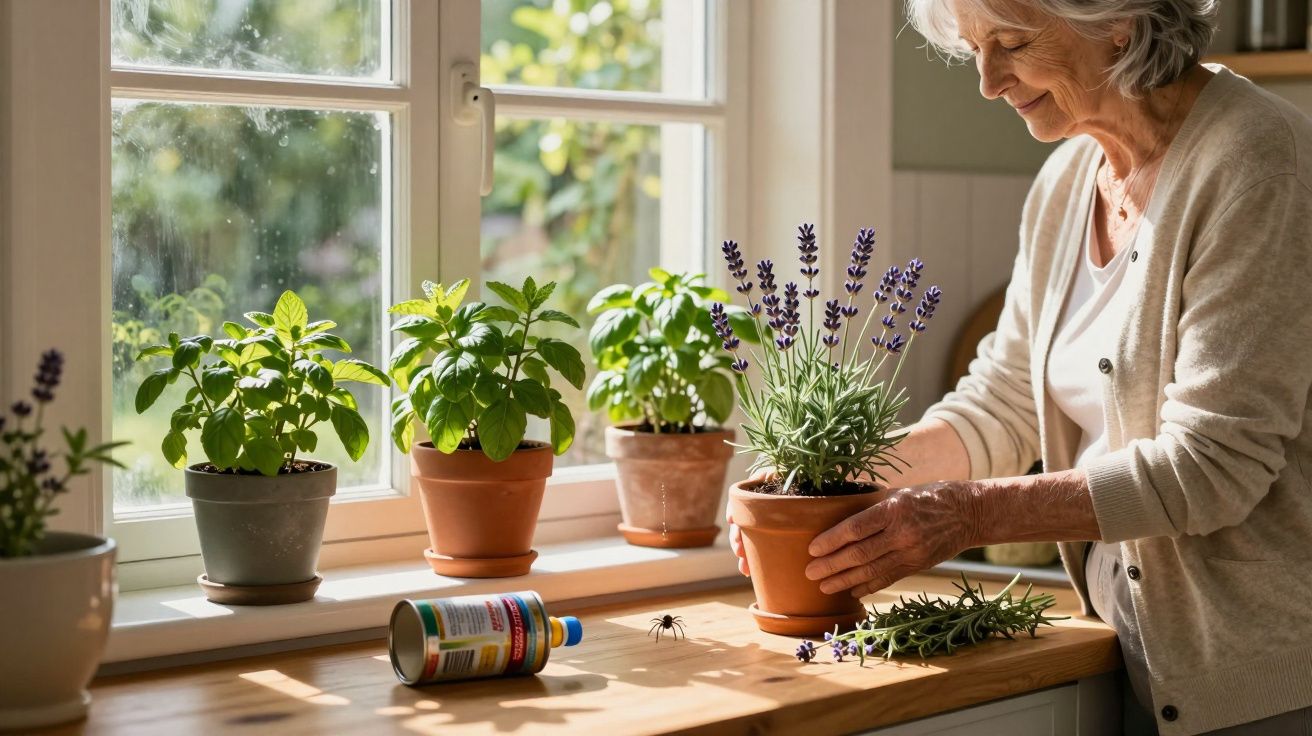 Elderly woman tending to potted lavender and herbs on a sunlit windowsill with a spider nearby.