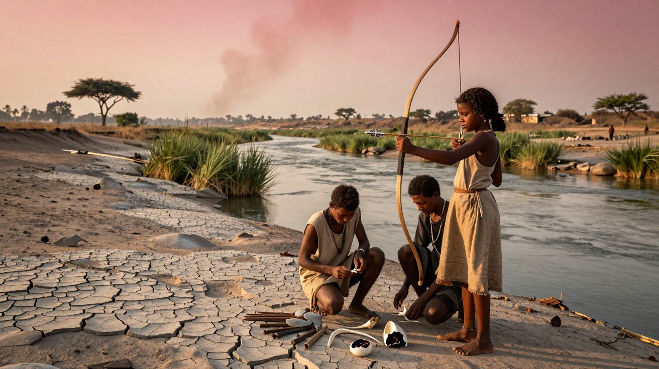 Three children by a riverbank at sunset, one aiming a bow and arrow, with cracked dry ground nearby.