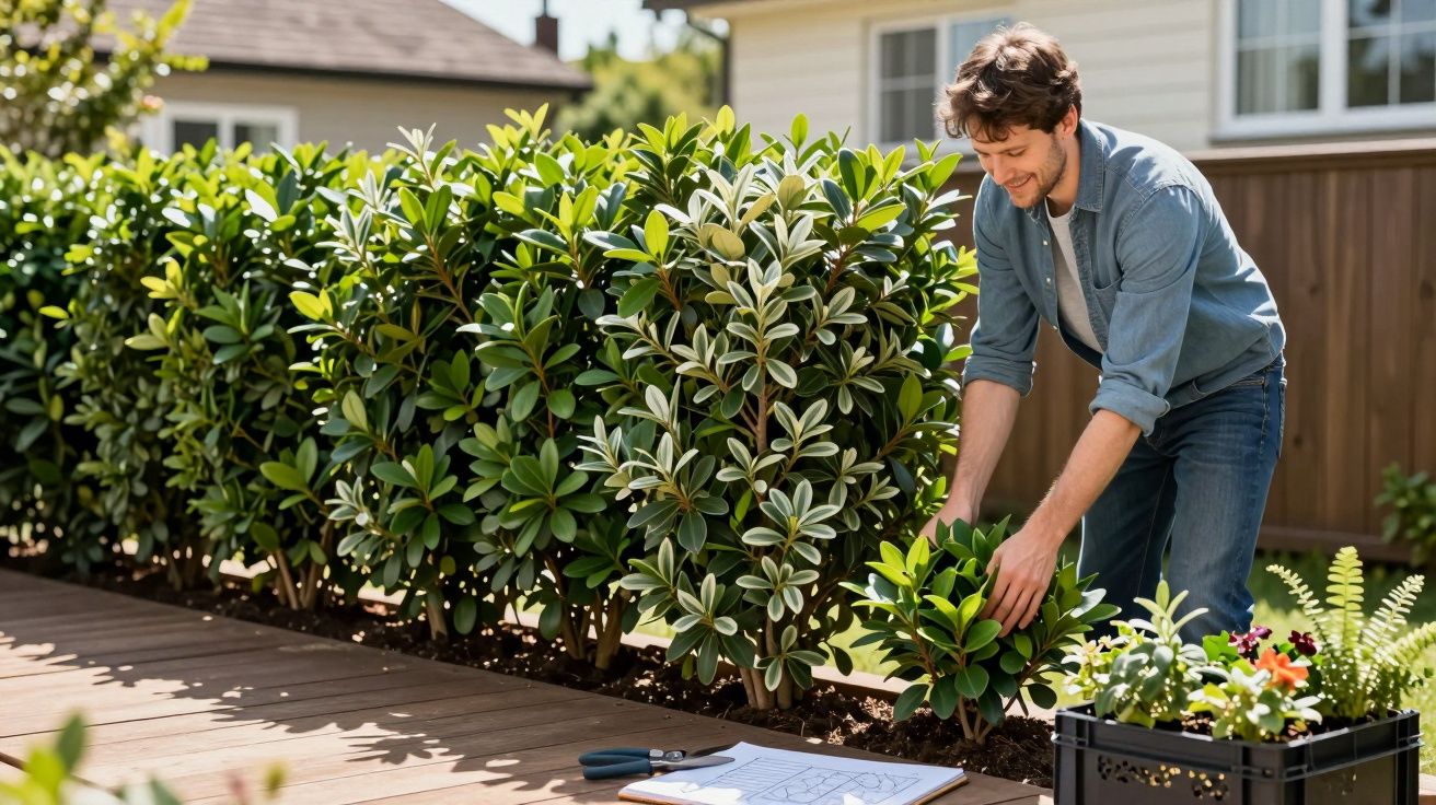 Man tending to shrubs in a garden bed beside a wooden deck on a sunny day.