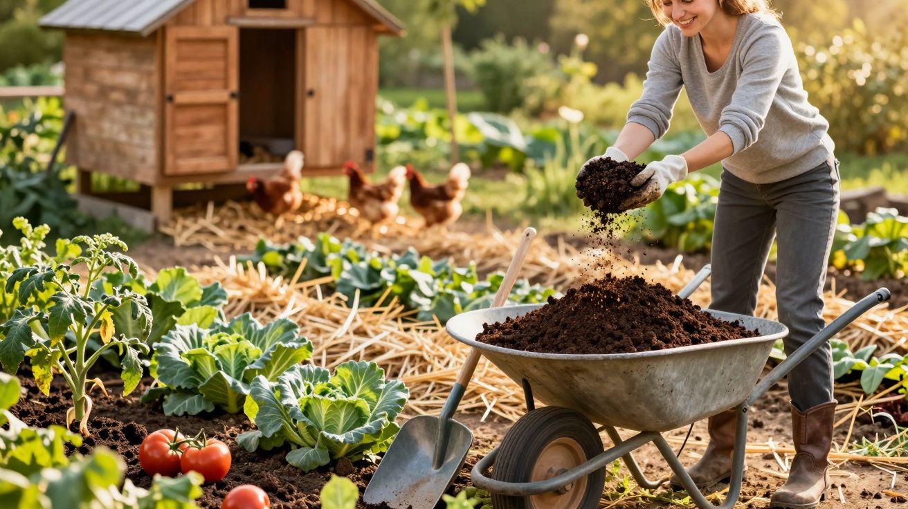 Woman adding soil to a wheelbarrow in a garden with growing vegetables and a wooden chicken coop in the background.