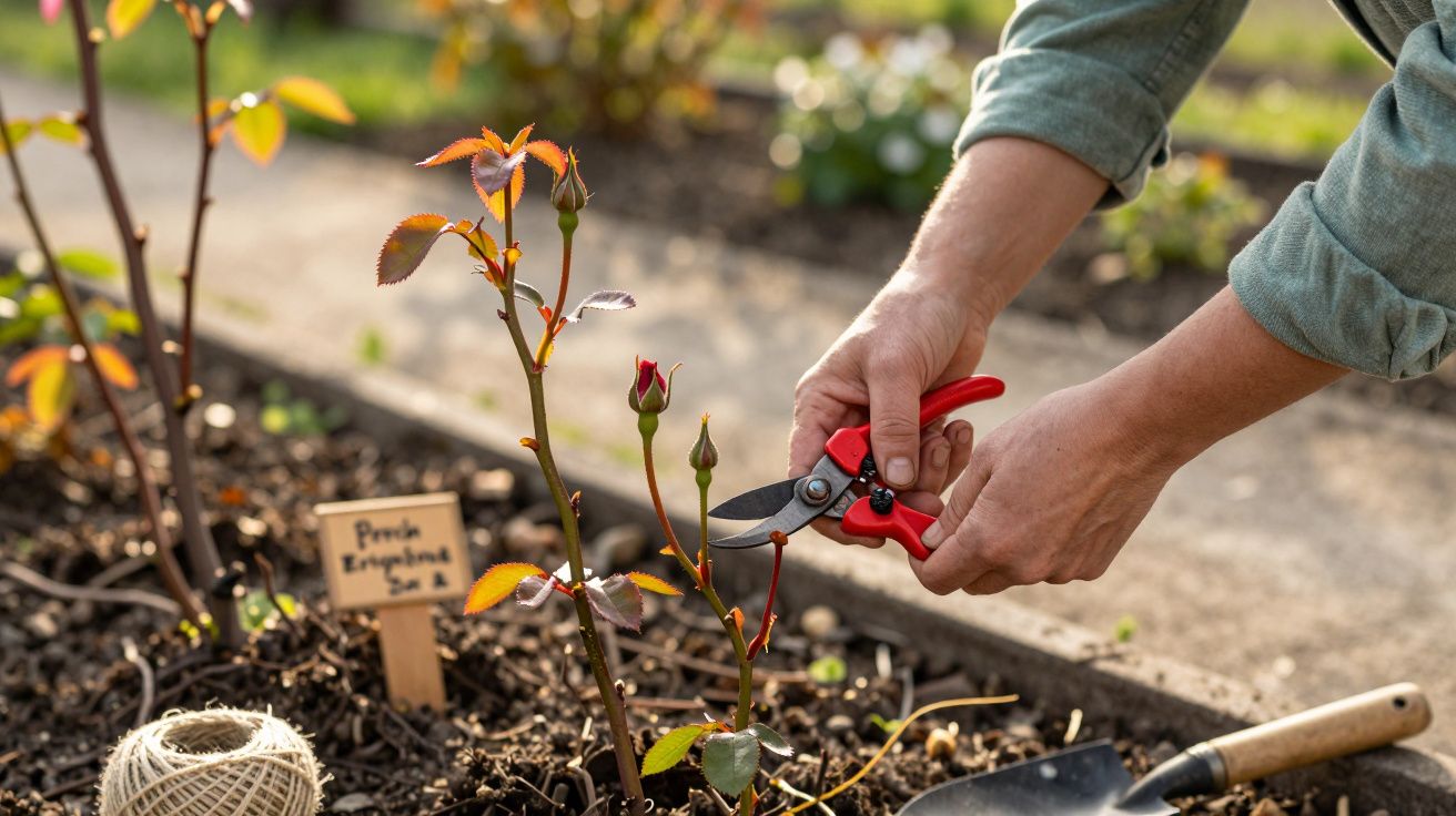 Hands pruning a rose bush with red-handled garden shears in a garden bed on a sunny day.