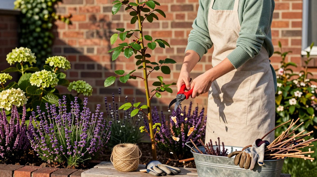Person pruning a young rose bush in a garden with gardening tools and plants nearby.