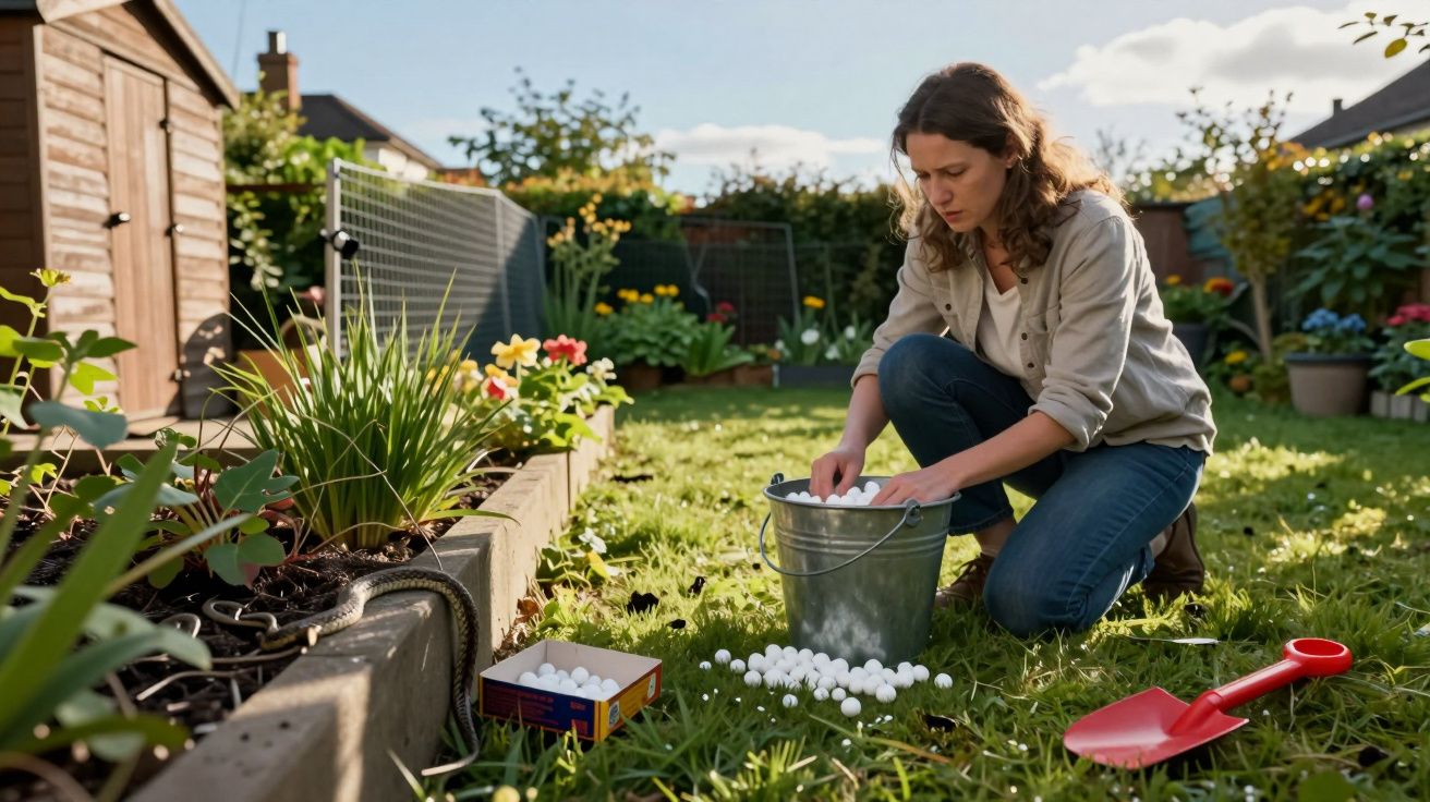Woman crouching in garden gathering golf balls into a metal bucket on a sunny day.
