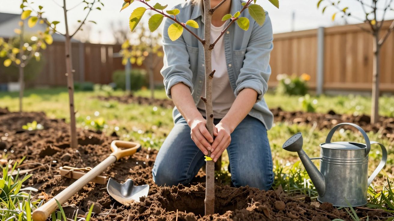 Person kneeling in a garden planting a young tree with a shovel and watering can nearby on a sunny day.