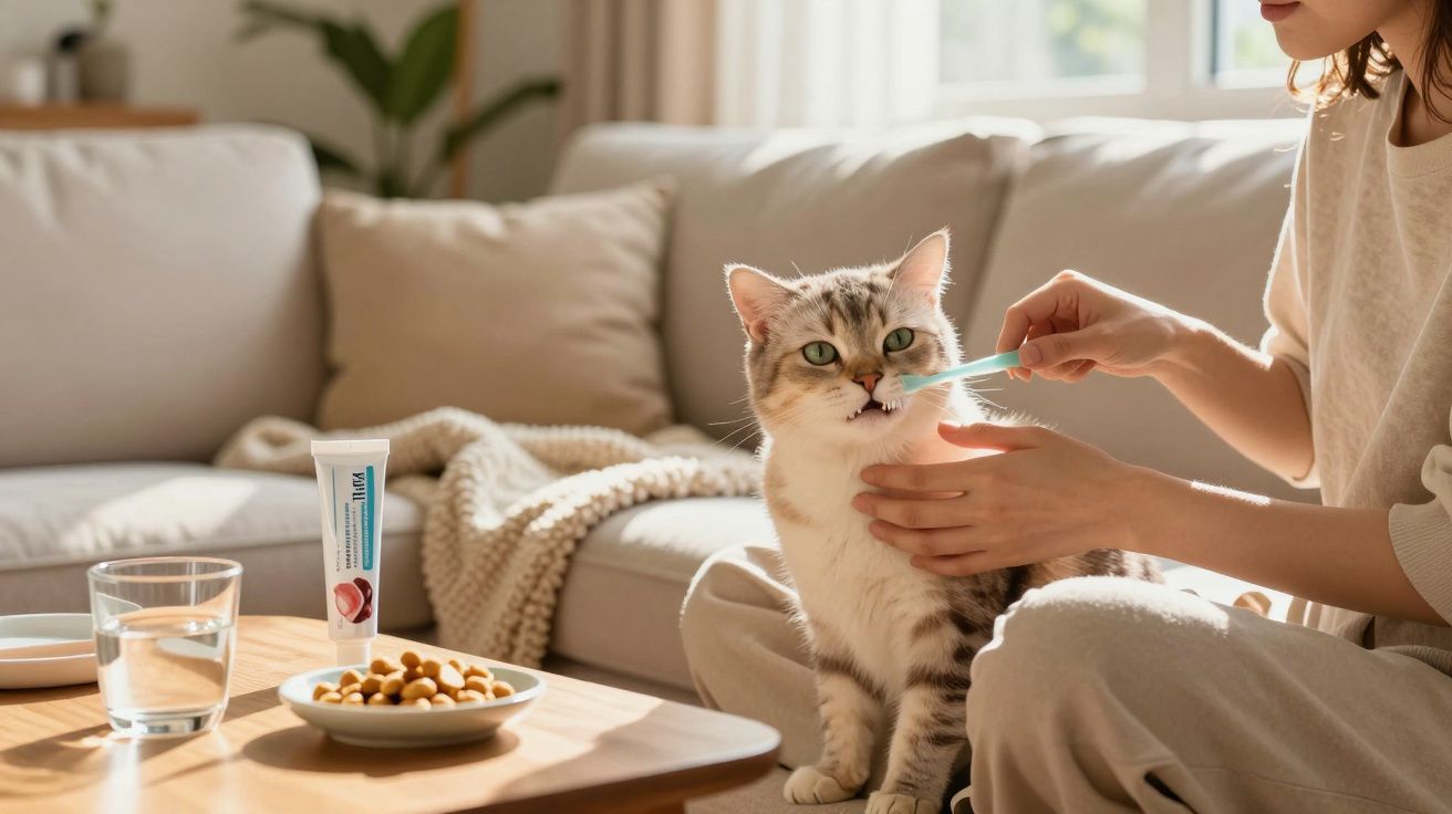 Person brushing a grey tabby cat’s teeth in a sunlit living room with pet treats and water nearby.