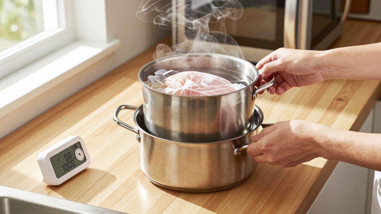 Hands holding a steaming stainless steel pot with food inside on a kitchen countertop near a timer.