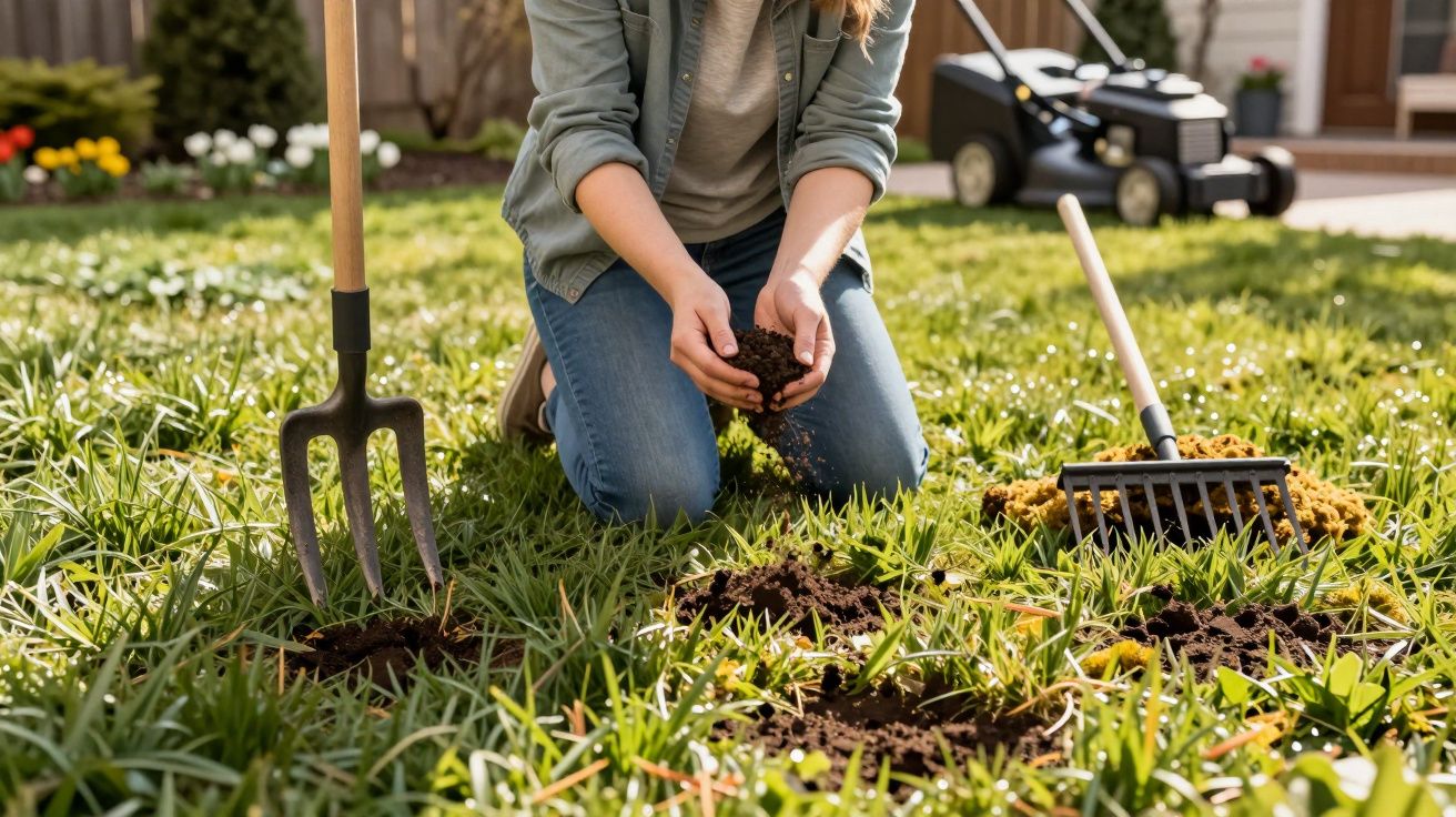 Person kneeling on grass holding soil with garden tools and a lawnmower in the background in a sunny yard.