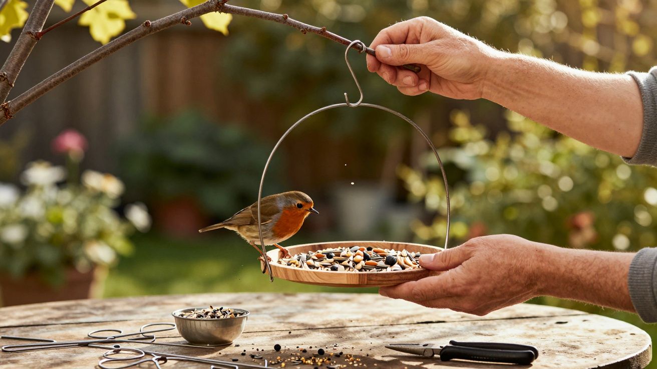 Hands holding a hanging bird feeder with a robin eating seeds in a sunlit garden.