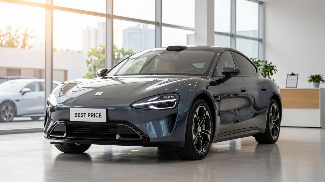 Sleek dark grey electric car displayed in a showroom with large windows and a "Best Price" plate.
