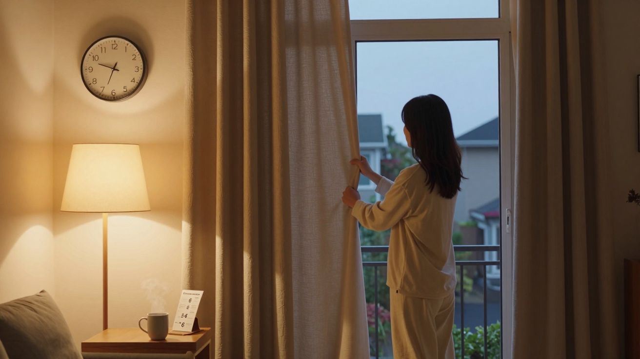 Woman in pajamas opening curtains to a balcony at dawn in a softly lit bedroom with a clock and lamp on the wall.