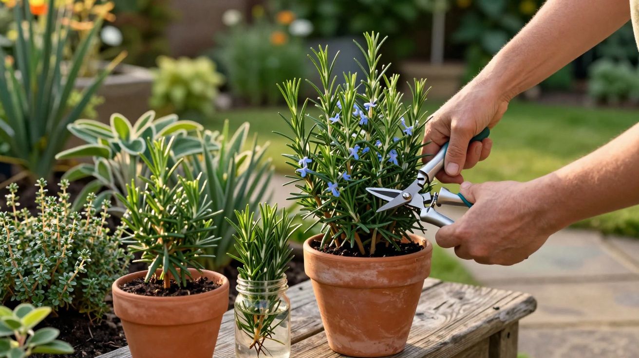 Hands pruning a rosemary plant with gardening shears in a terracotta pot on a wooden table outdoors.