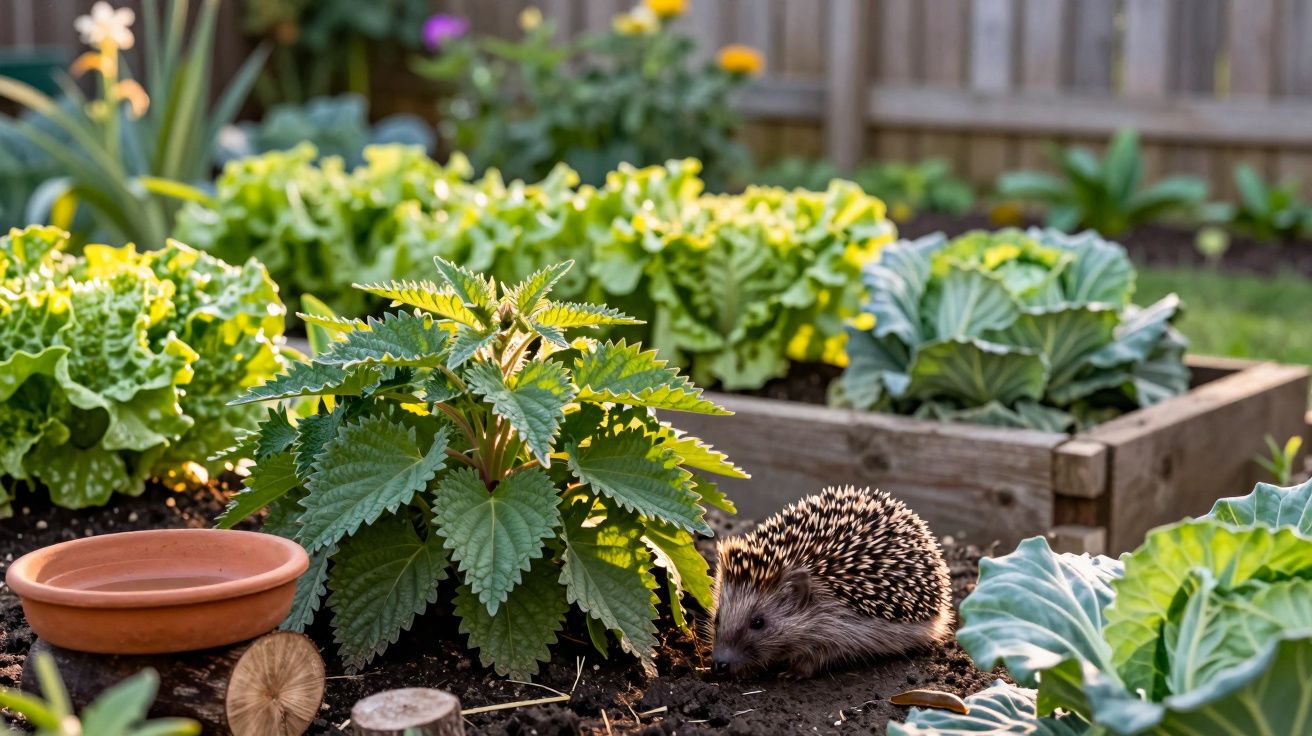 Hedgehog crawling on soil near nettle and leafy vegetables in a sunlit raised garden bed.