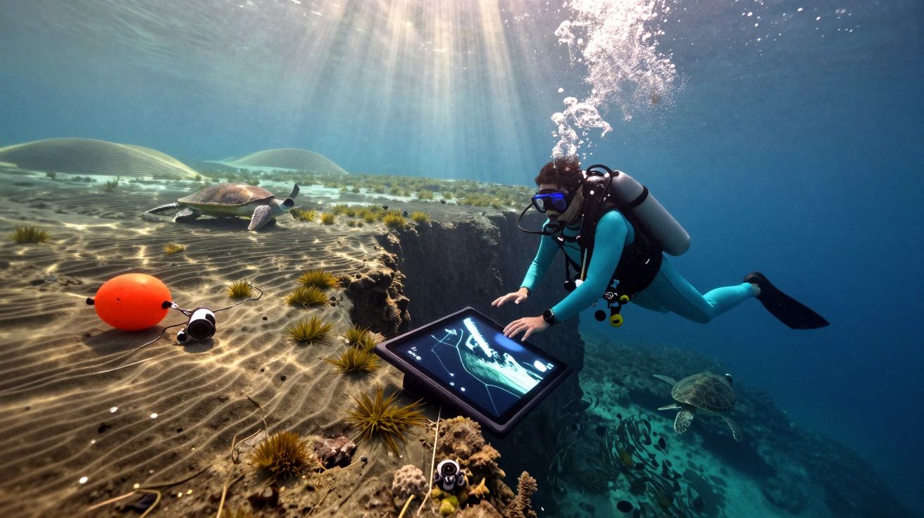 Scuba diver uses underwater touchscreen device near sea turtles on coral reef with sun rays penetrating water.